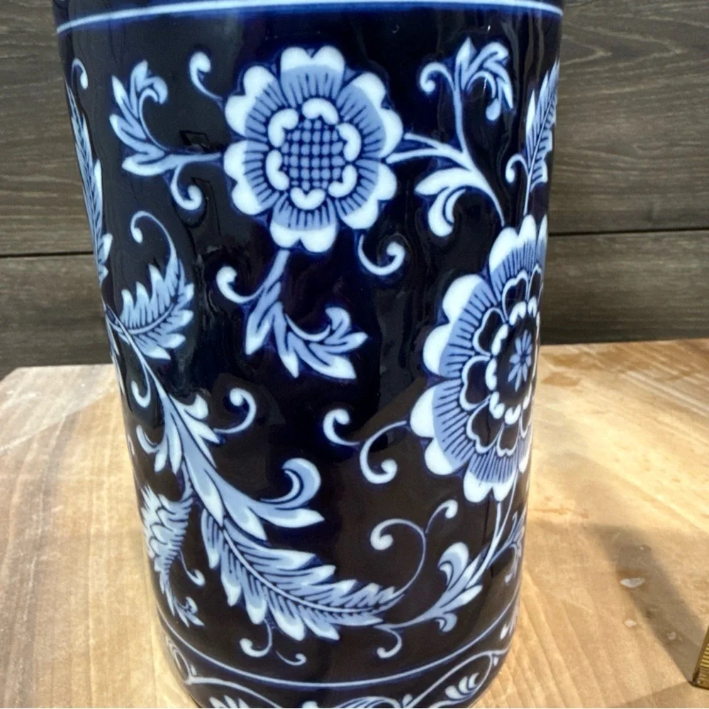 Pier 1 Navy and White Floral Ceramic Utensil holder/ Vase